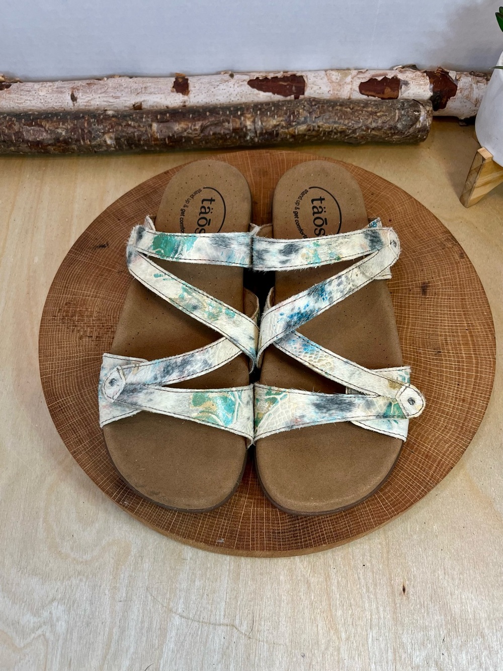 Taos Double U Sandals Leather & Calf Hair Mix Size 8 - Picture 6 of 14